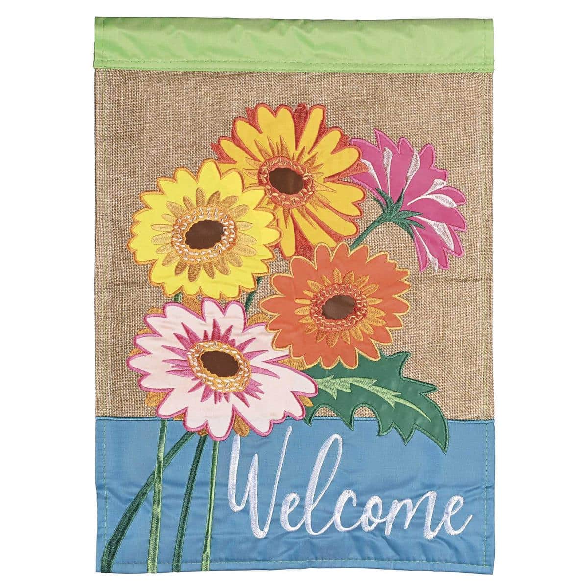 Large 29x42 Welcome Gerbers Burlap Banner Flag with layered double applique gerbera daisies on natural burlap background, outdoor porch and garden entry decor.