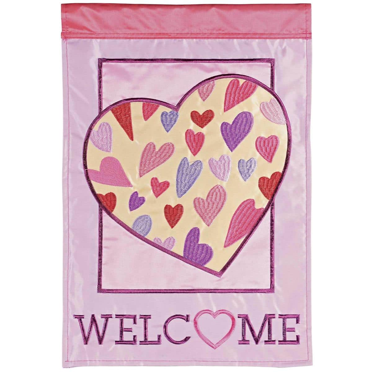 13x18 Welcome Hearts Garden Flag with layered red and pink applique hearts, stitched outlines, reinforced pole sleeve, and durable outdoor fabric ready for porch or garden display.