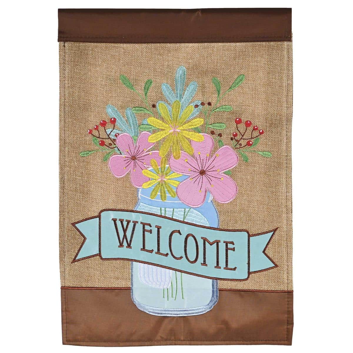 Closeup image of the Welcome Jar Of Flowers Banner Flag 29x42 showing applique flowers in a mason jar with perched songbirds and visible stitched texture.
