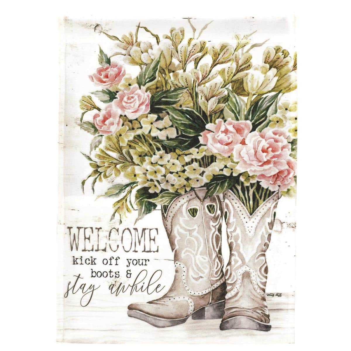 30x44 Welcome Kick Off Your Boots printed banner flag showing a boots motif and 'Welcome' headline hanging on a porch post, rendered on durable outdoor fabric.