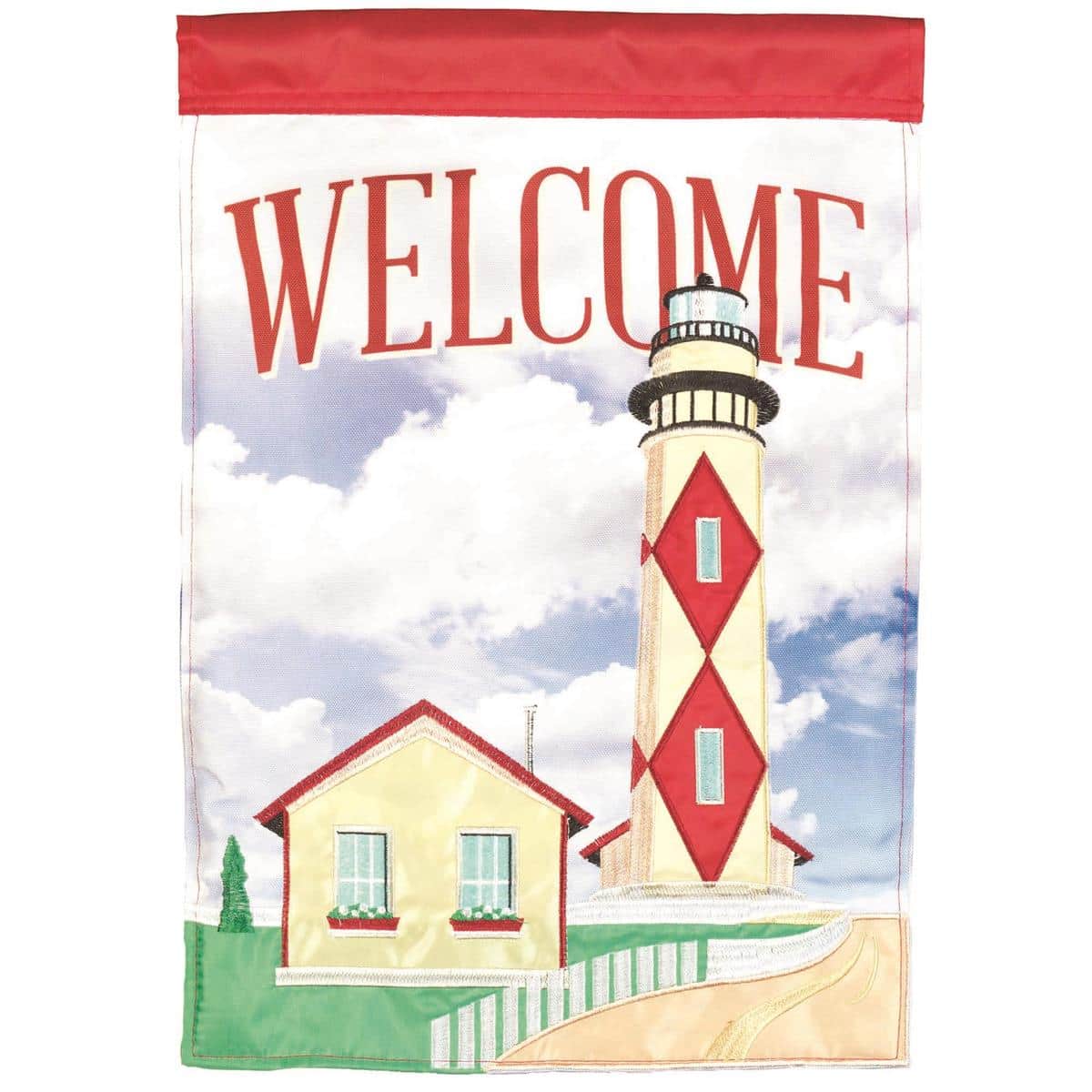 13x18 coastal lighthouse garden flag with double-applique plus layered details, bright nautical palette and embroidered 'Welcome' lettering ideal for porches and small yards.