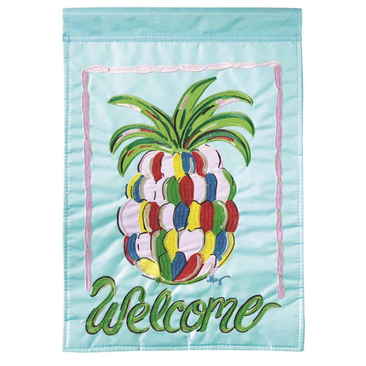 13x18 Welcome Pineapple double applique garden flag with yellow pineapple motif, green leaves, and 'Welcome' script on durable outdoor fabric.