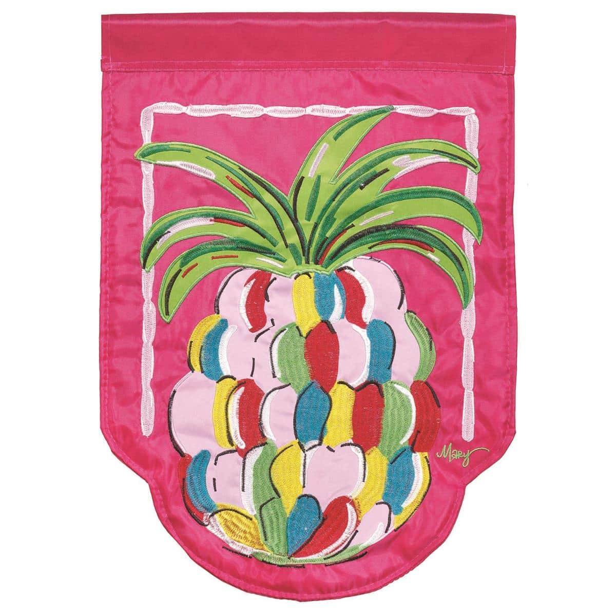 13x18 Welcome Pineapple double applique garden flag with bright yellow pineapple, green leaves and clear 'Welcome' text, ready to display on a standard garden pole in an outdoor setting