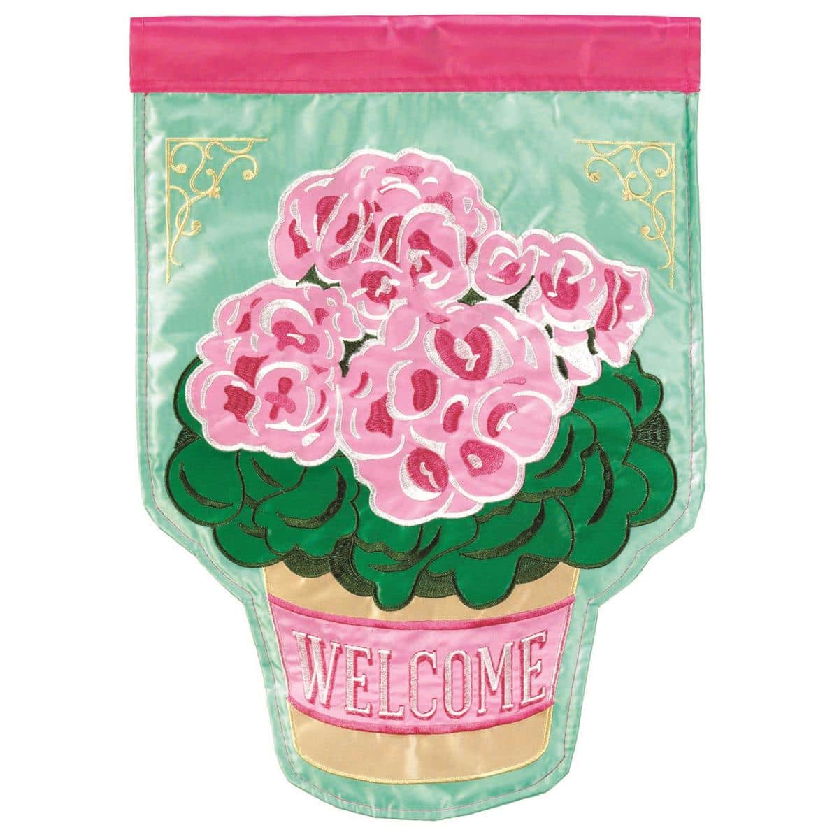 13x18 double applique Welcome Potted Geraniums garden flag showing bright potted geraniums and a scripted Welcome message, stitched detailing and header sleeve for standard garden flag stand