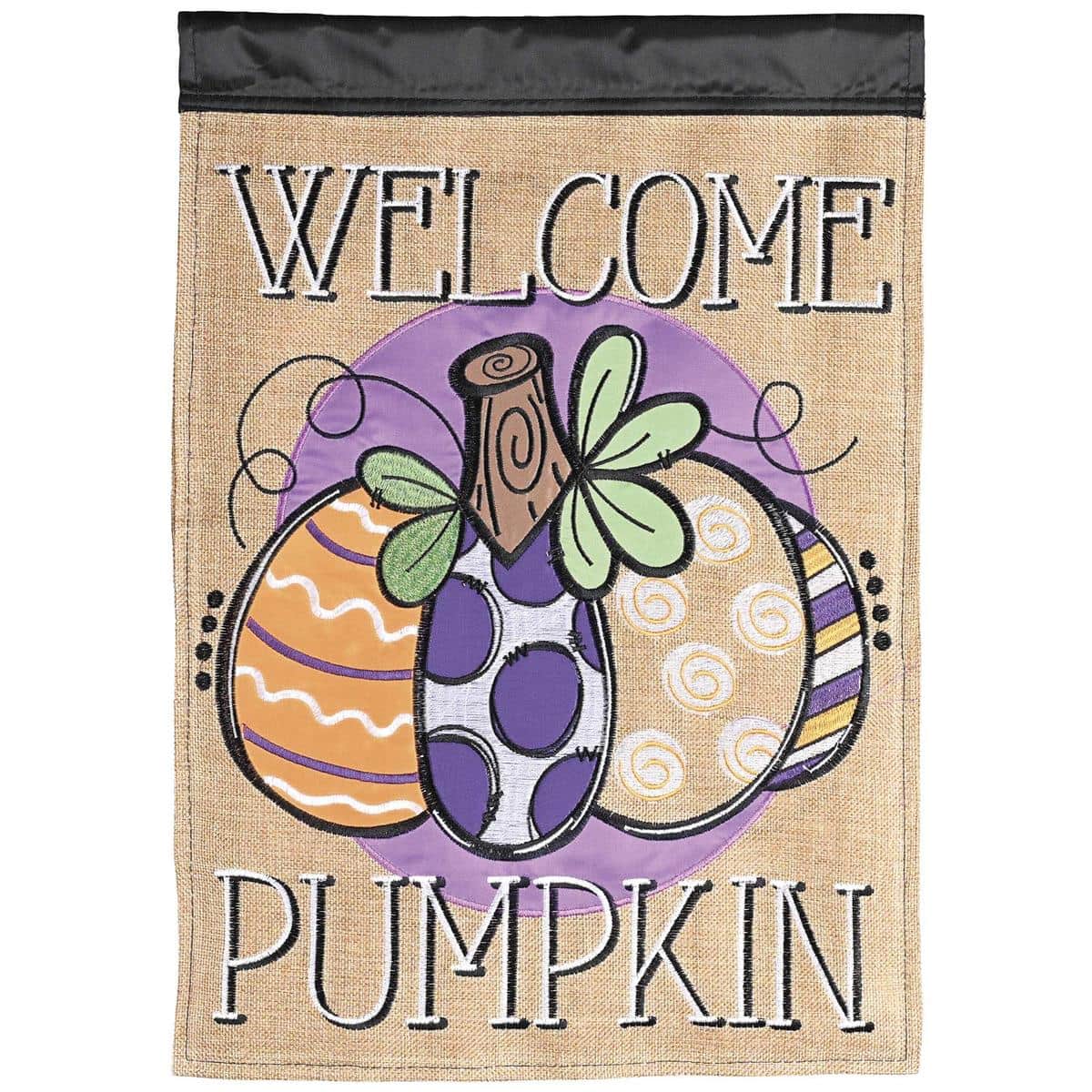 13x18 Welcome Pumpkin double applique garden flag showing orange pumpkin, autumn leaves, and "Welcome" text with layered fabric textures and stitched detailing for fall porch display.