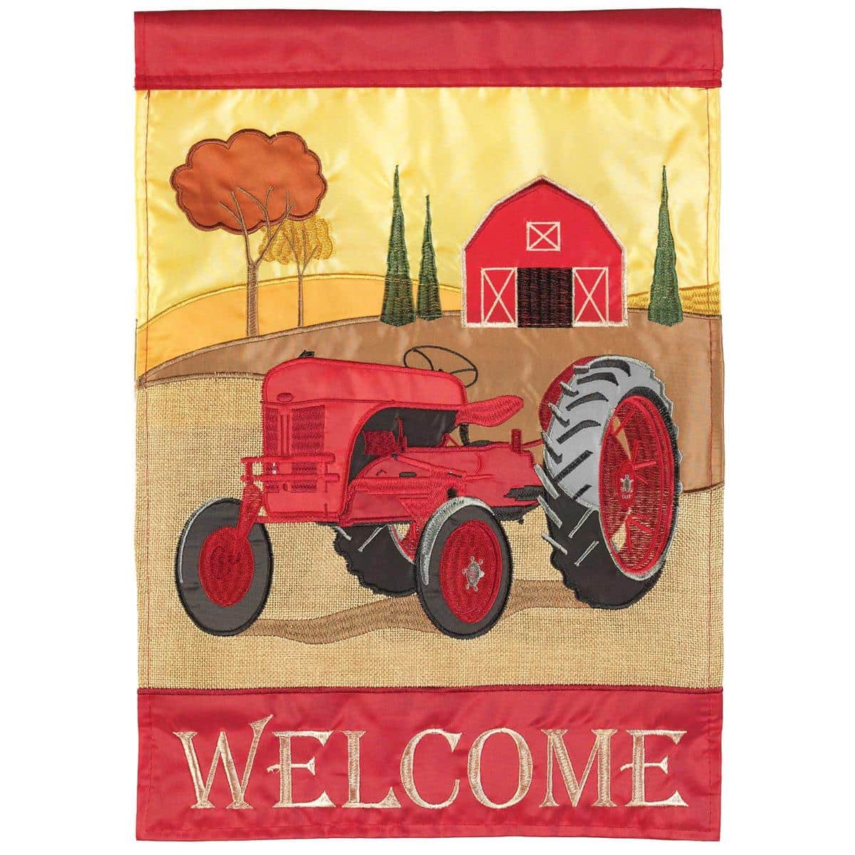 Welcome Red Fall Tractor double applique garden flag, 13x18 inches, red tractor and autumn tones, two-sided design with top pole sleeve, outdoor-ready.