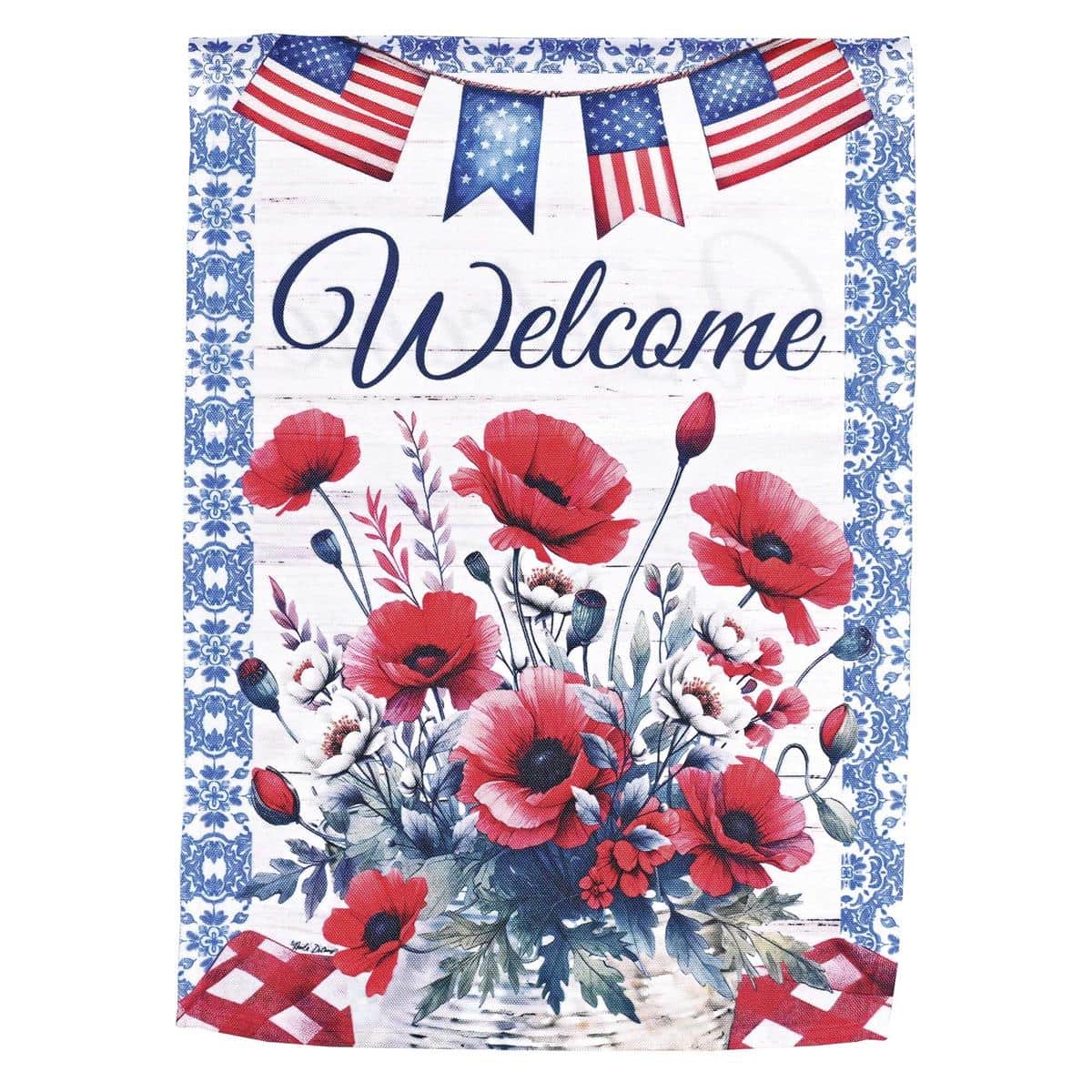 13x18 Welcome Red Poppies garden flag with printed red poppy blooms and 'Welcome' message on weather-resistant polyester, shown mounted on a standard garden flag stand by a front porch.