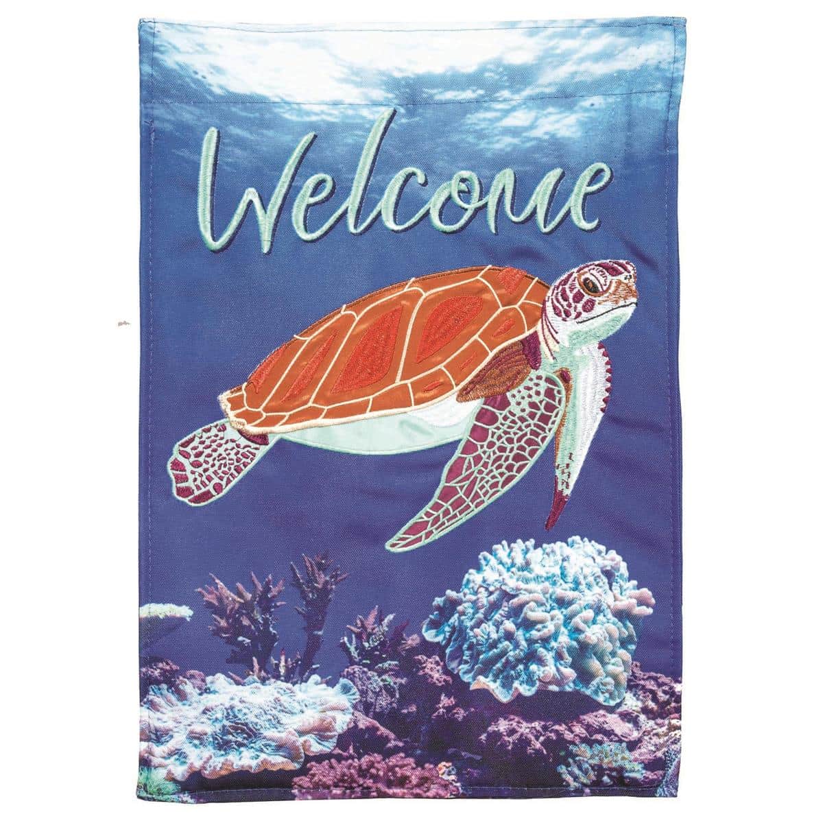 Close-up alt text for the main product image describing the flag in detail and unique vs the meta description: Detailed view of Welcome Sea Turtle 13x18 garden flag with layered double-applique sea turtle, wave accents, welcome script, and coastal color palette on fabric.