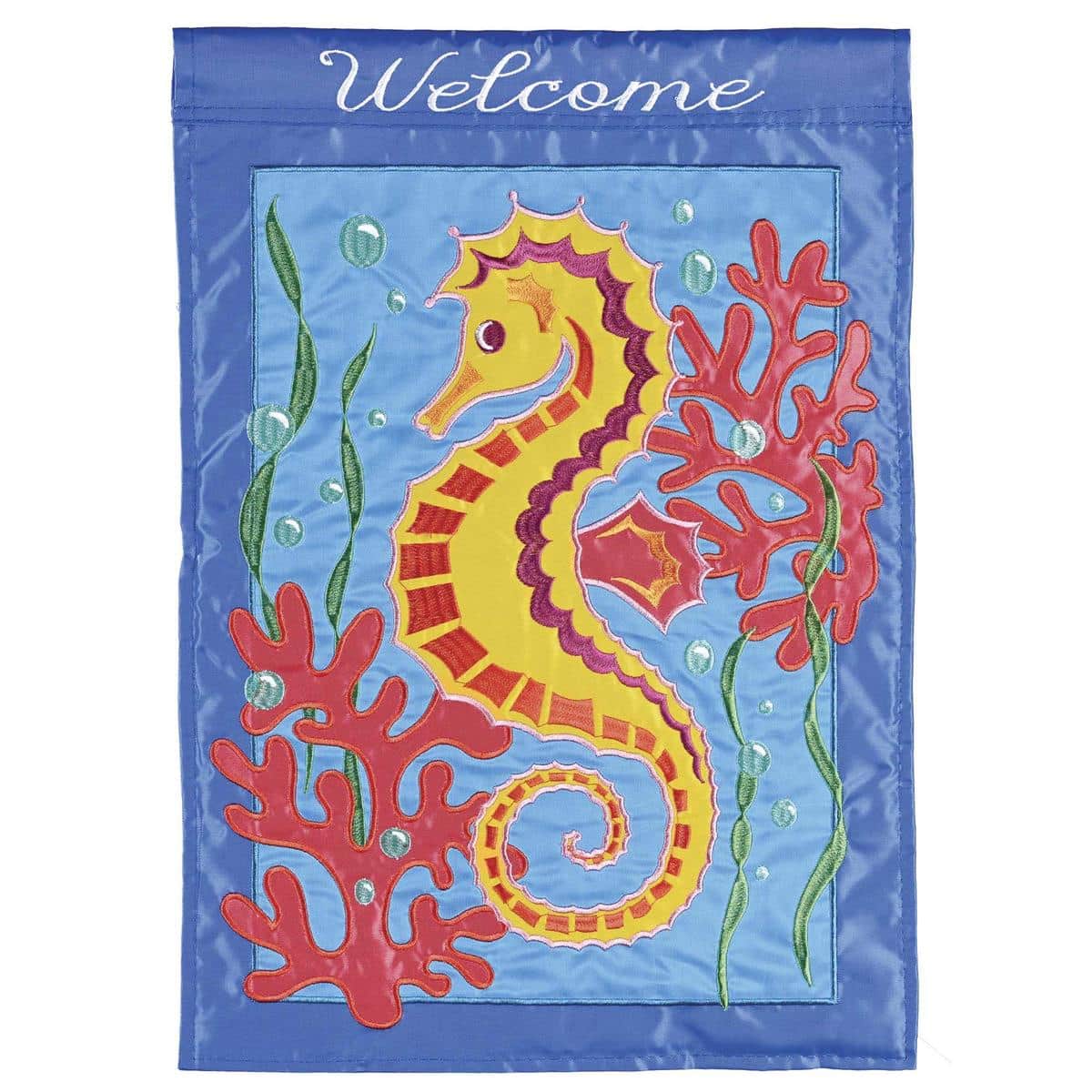 Welcome Seahorse Banner Flag in waterfront style, 29 x 42 double applique, teal seahorse with coral and waves, two sided, hanging on porch pole