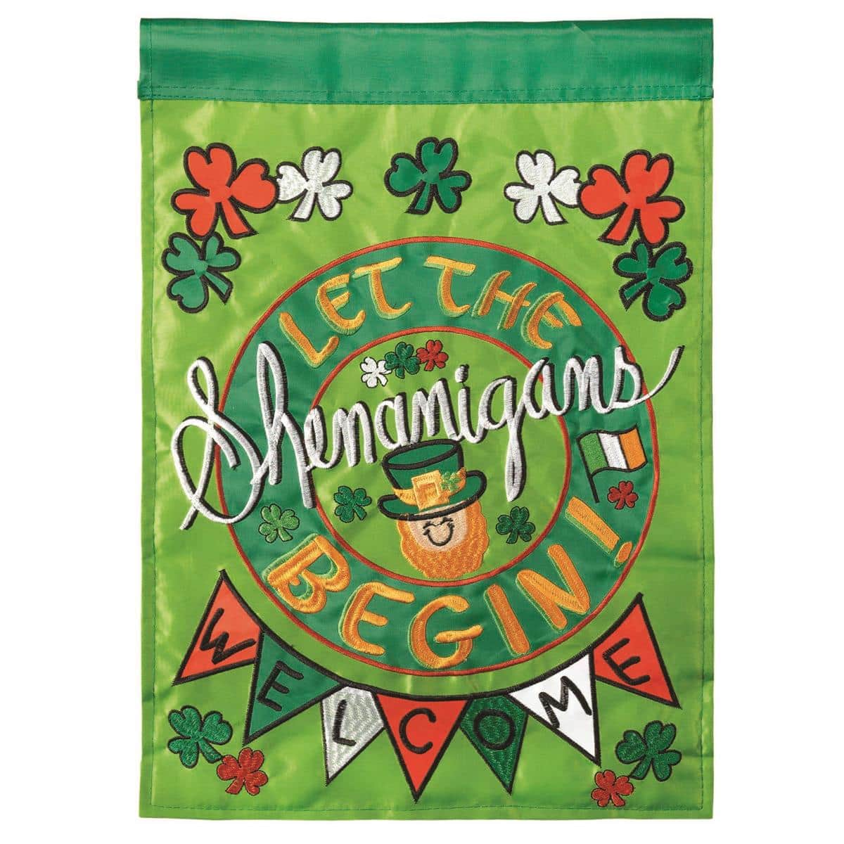13x18 double applique St. Patrick garden flag featuring layered shamrocks, leprechaun hat, and two-sided welcome message, shown mounted on a standard garden pole