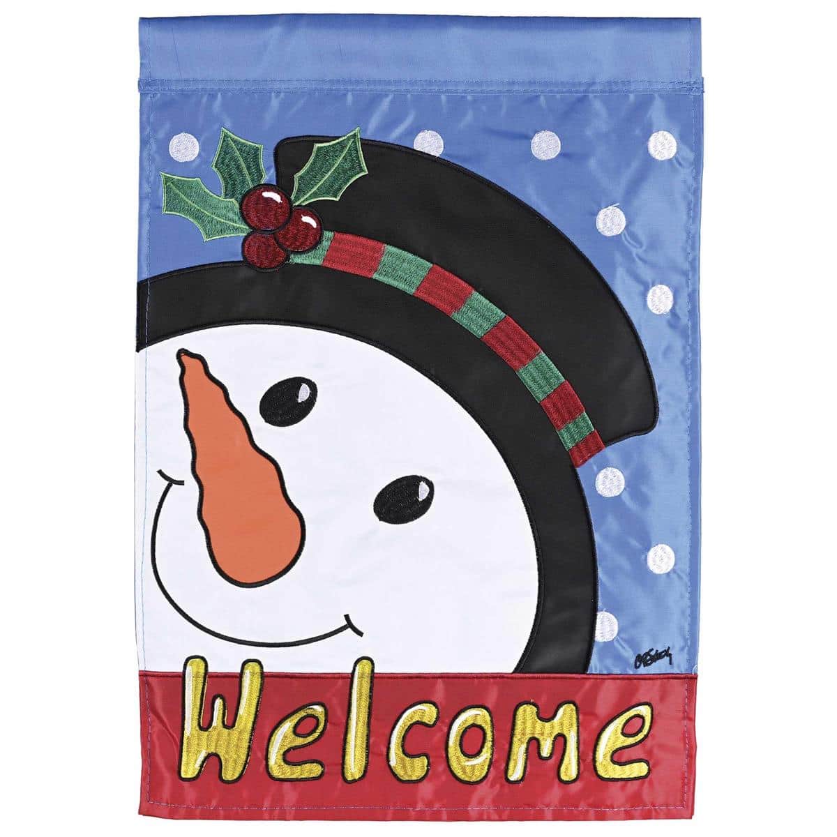 Welcome Snowman Holly Hat flag with stitched holly hat, carrot nose, and two-sided applique greeting on a porch pole, winter greenery in the background