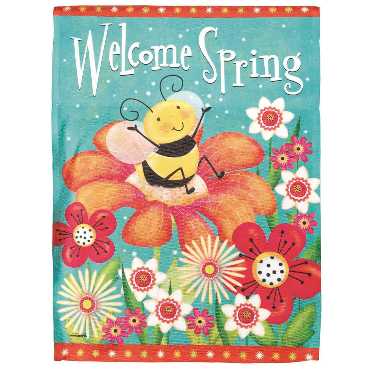 30x44 Welcome Spring Bee banner flag showing bees hovering over colorful flowers on a printed 300D polyester fabric, ideal for garden or porch display