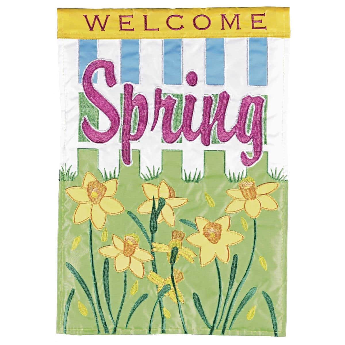 Welcome Spring Daffodils 13x18 garden flag showing layered yellow daffodils with green leaves and Welcome Spring text, double applique, readable on both sides.