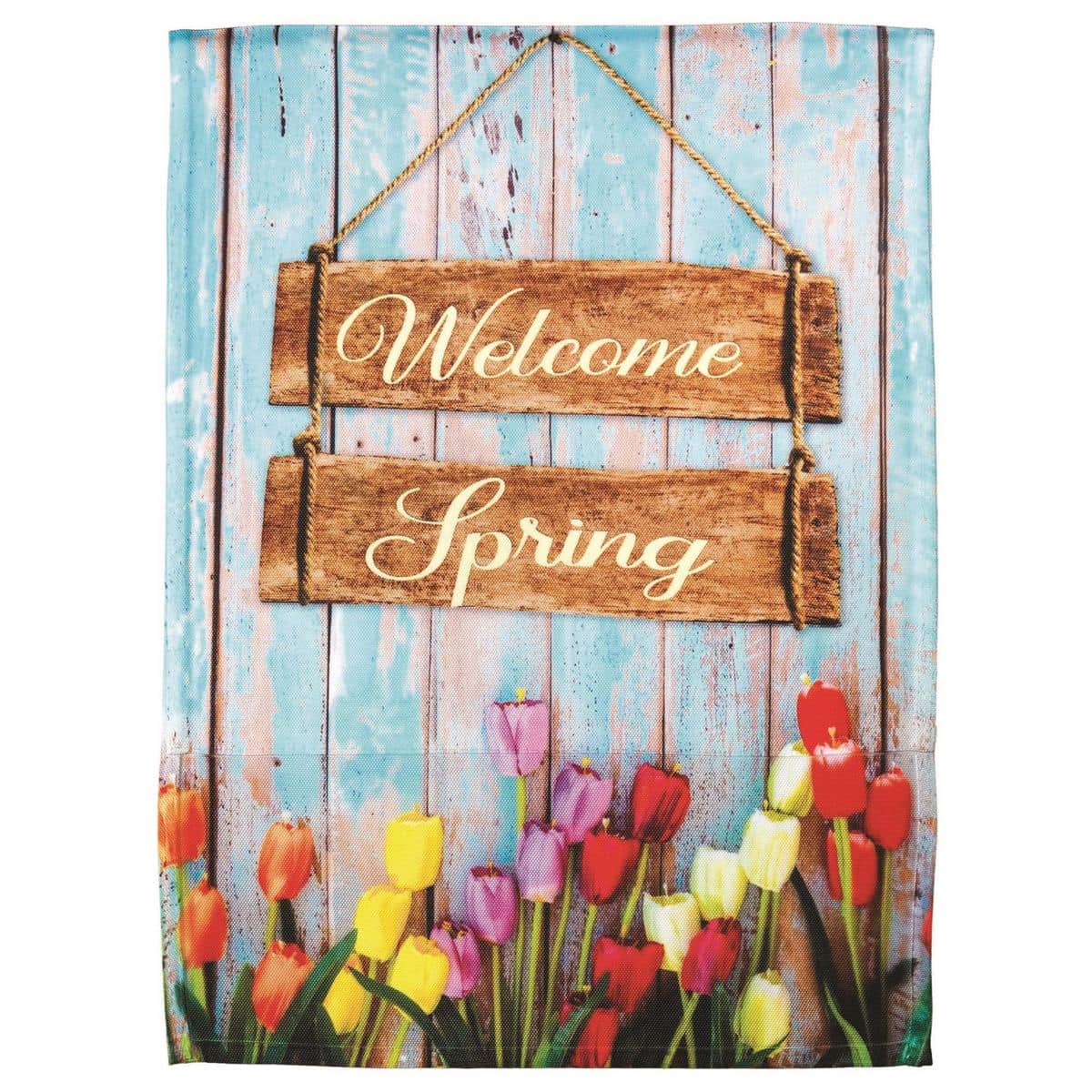 13x18 Welcome Spring Tulips garden flag with printed tulip bouquet and welcome sentiment on durable outdoor fabric, shown on a porch flagpole surrounded by planters.