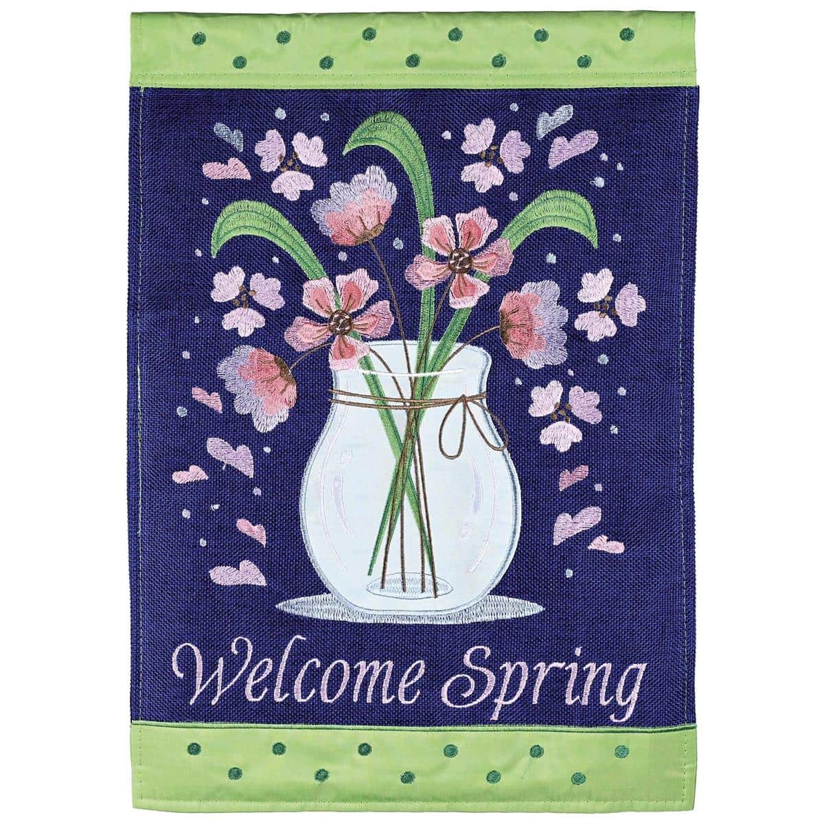 Welcome Spring double applique flag with flowers and butterflies, two sided readability, UV safe fabric, top sleeve fits most garden and house poles
