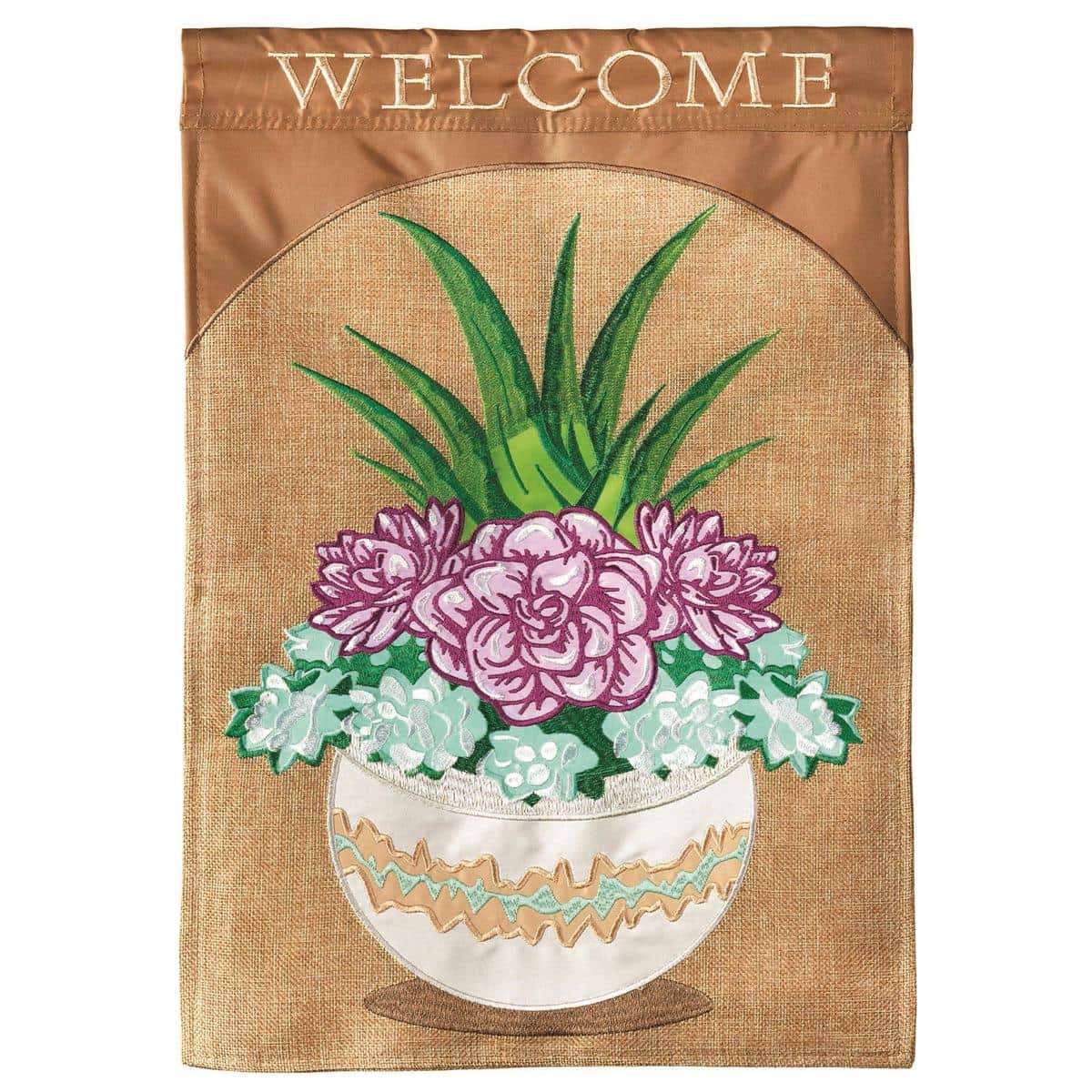 Alt text for main product image: 13x18 Welcome Succulents Burlap Garden Flag double applique design with green and pink succulent motifs on a rustic burlap-style background ideal for porch display