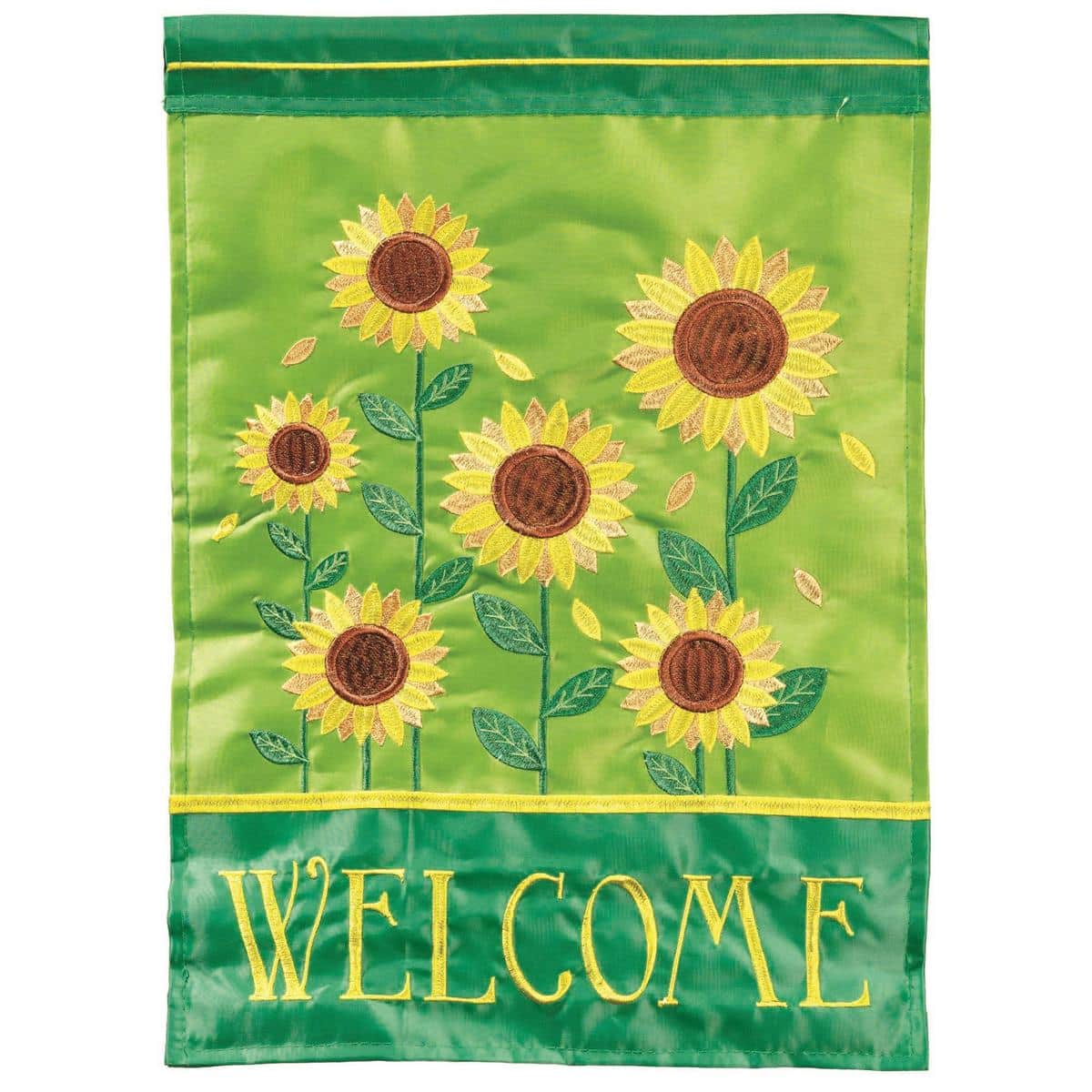 Alt text for the main product image: 13x18 Welcome Sunflower Garden Flag with double applique sunflowers and stitched Welcome message on weather-resistant outdoor fabric