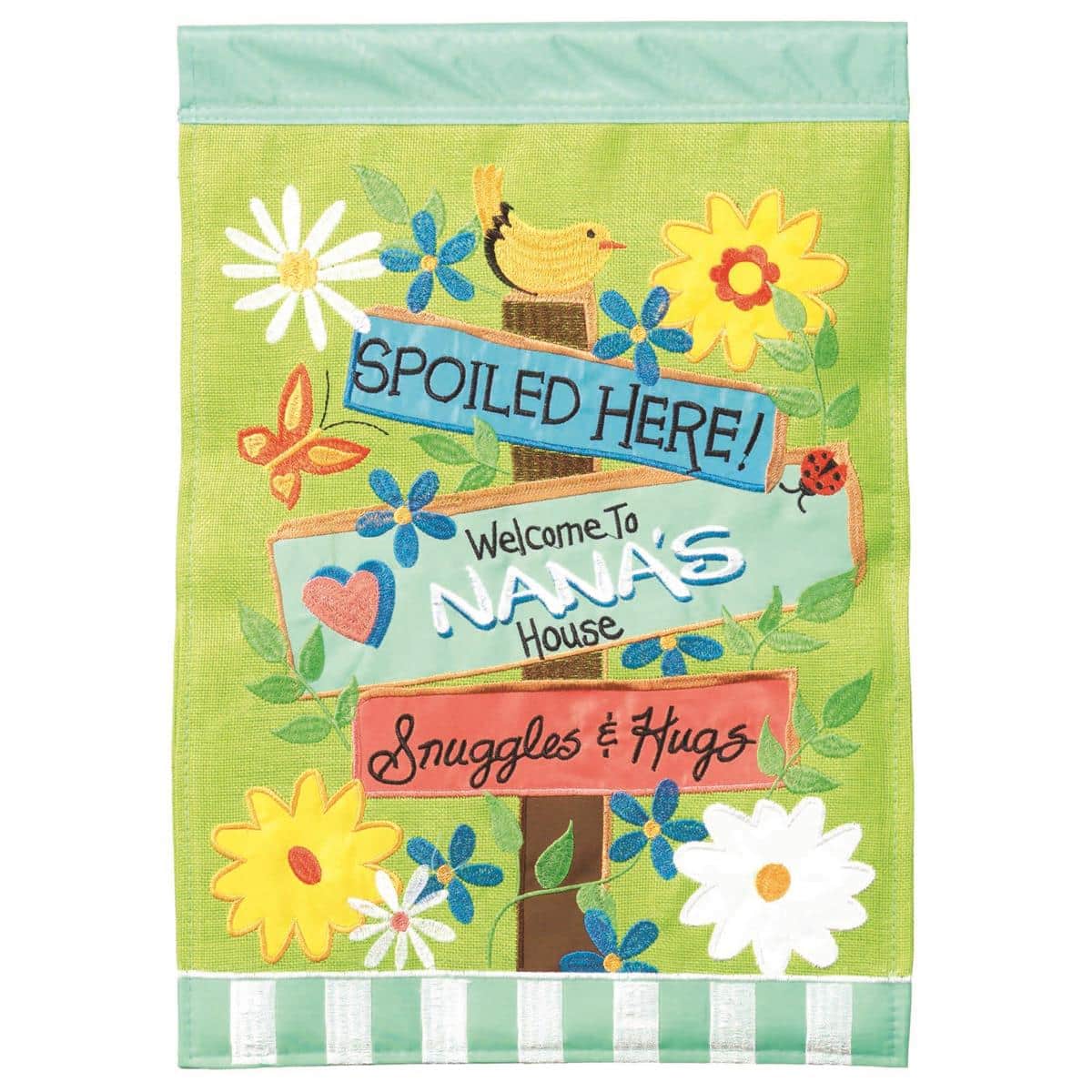 Welcome To Nanas House 29x42 banner flag with double applique lettering and warm decorative accents displayed on a porch near a rocking chair and potted plants