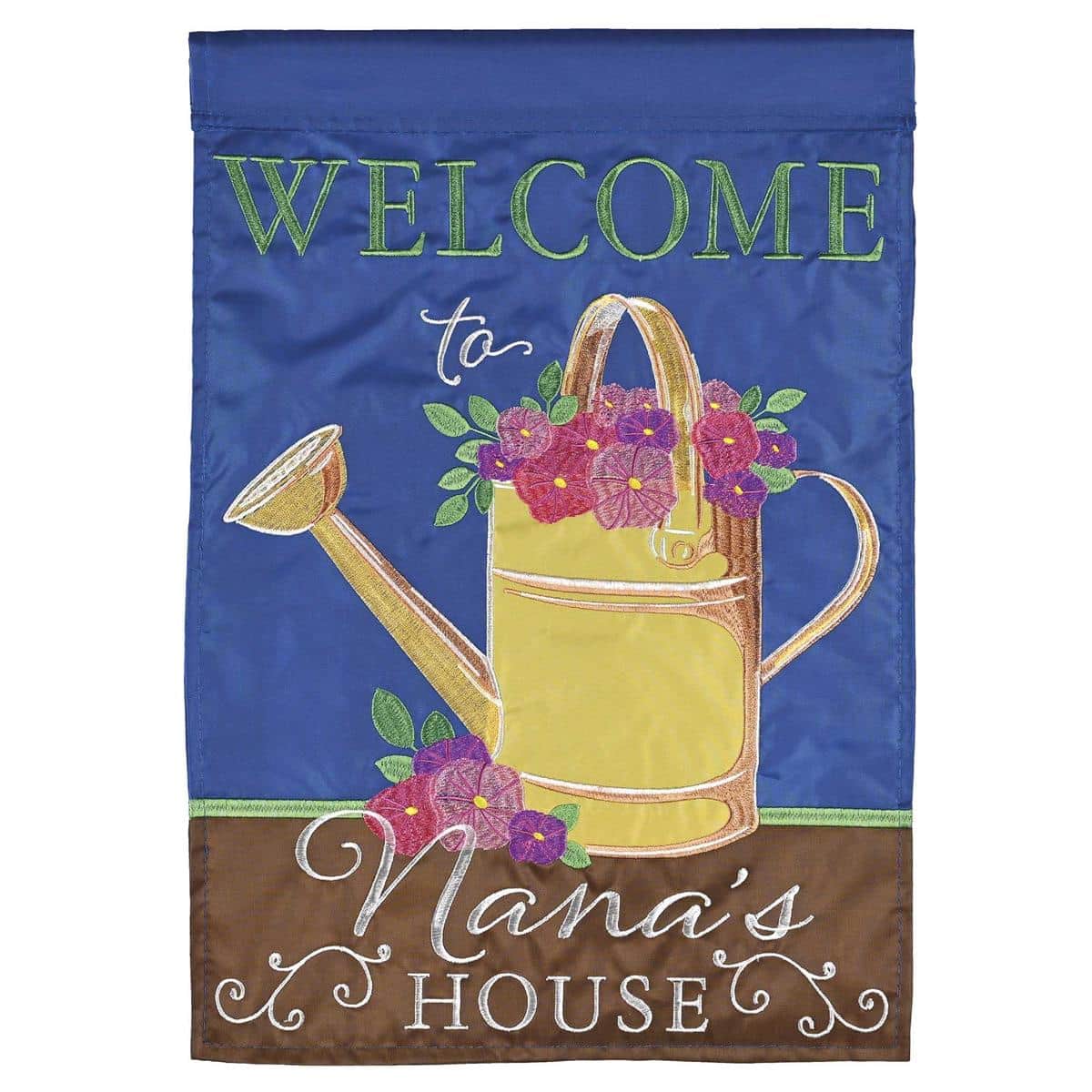 Garden flag reading "Welcome To Nanas House" double applique 13x18 Grandma style decorative welcome flag placed in a small flower bed near a front porch.