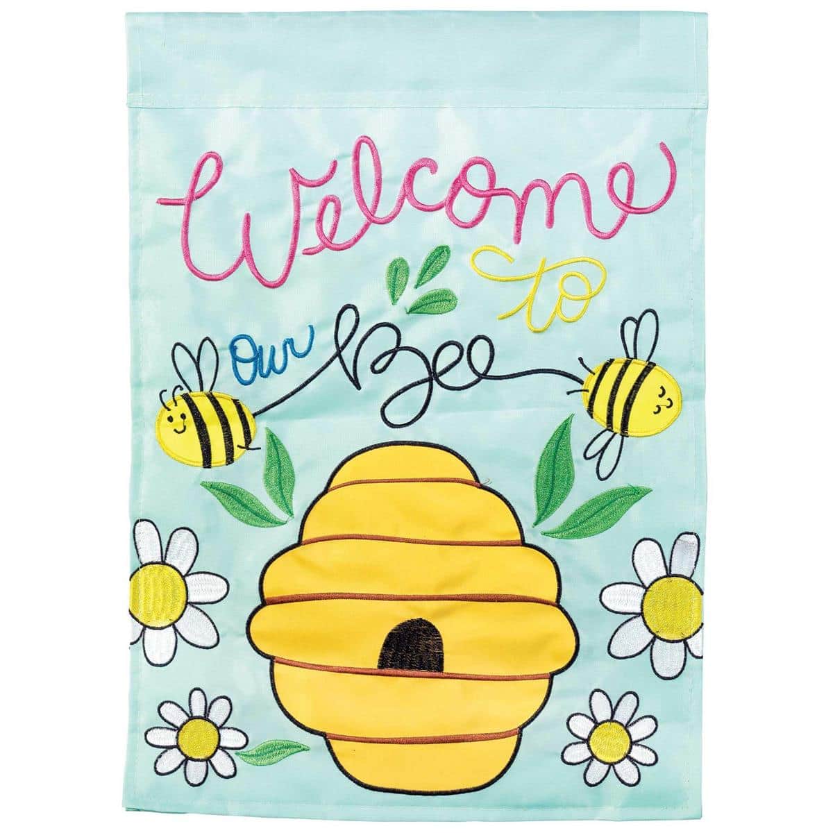 13x18 Welcome To Our Bee Hive garden flag showing layered applique bees, beehive, and floral accents on a textured background suitable for porch, patio, or garden stand.
