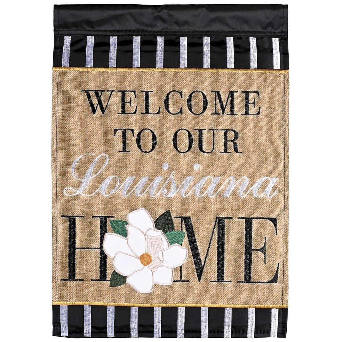 Double sided 13x18 Welcome To Our Louisiana Home garden flag in durable double applique fabric with bold welcome script and sleeve that fits a standard stand.