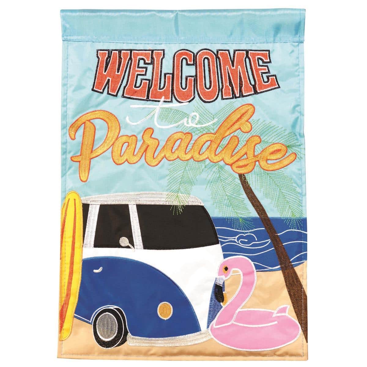 Welcome To Paradise Flamingo banner flag 29x42 double applique tropical flamingo with palms and welcome message displayed on a porch pole in bright outdoor setting.