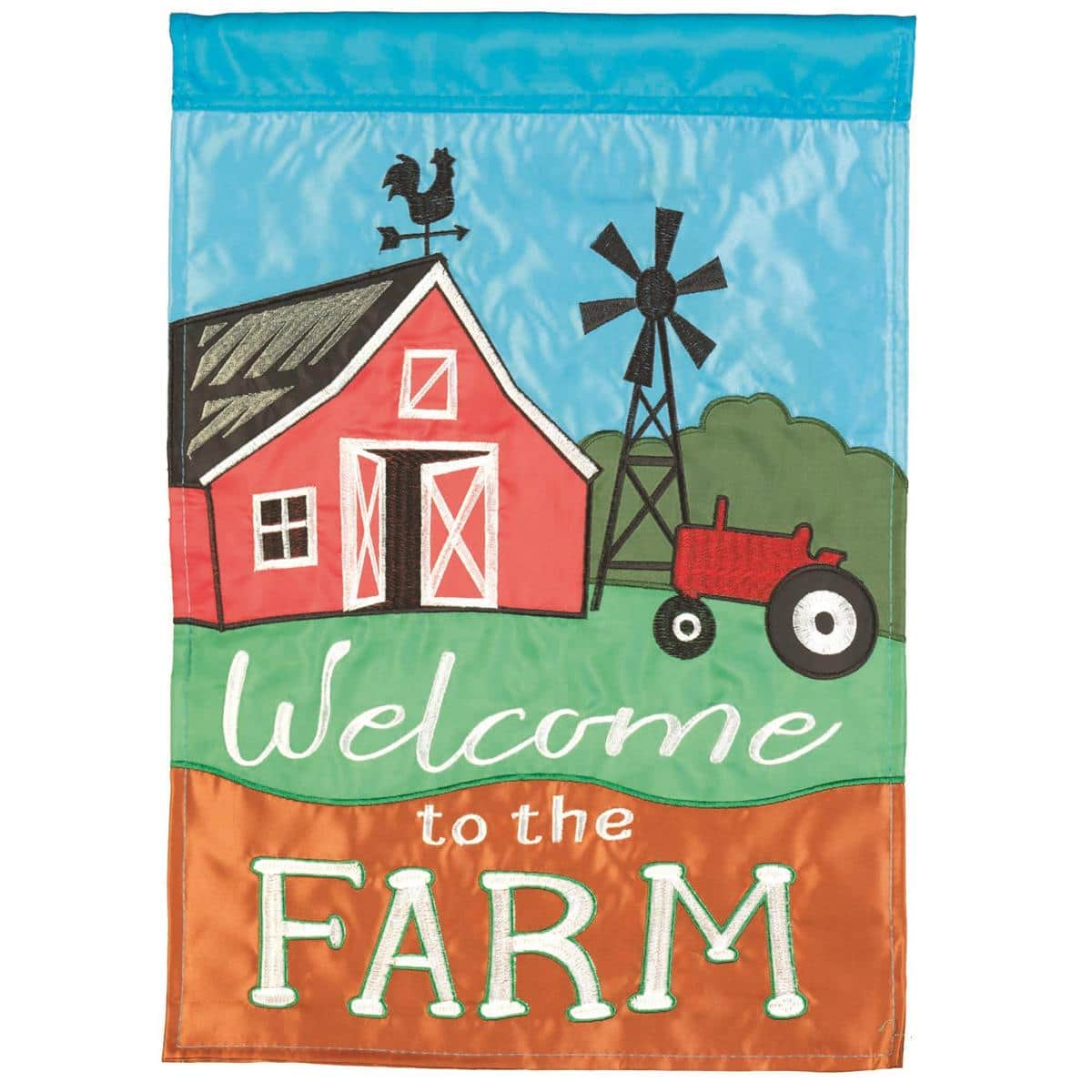 Alt text: 29x42 Welcome To The Farm tractor banner flag double applique farmhouse porch garden decor durable outdoor flag
