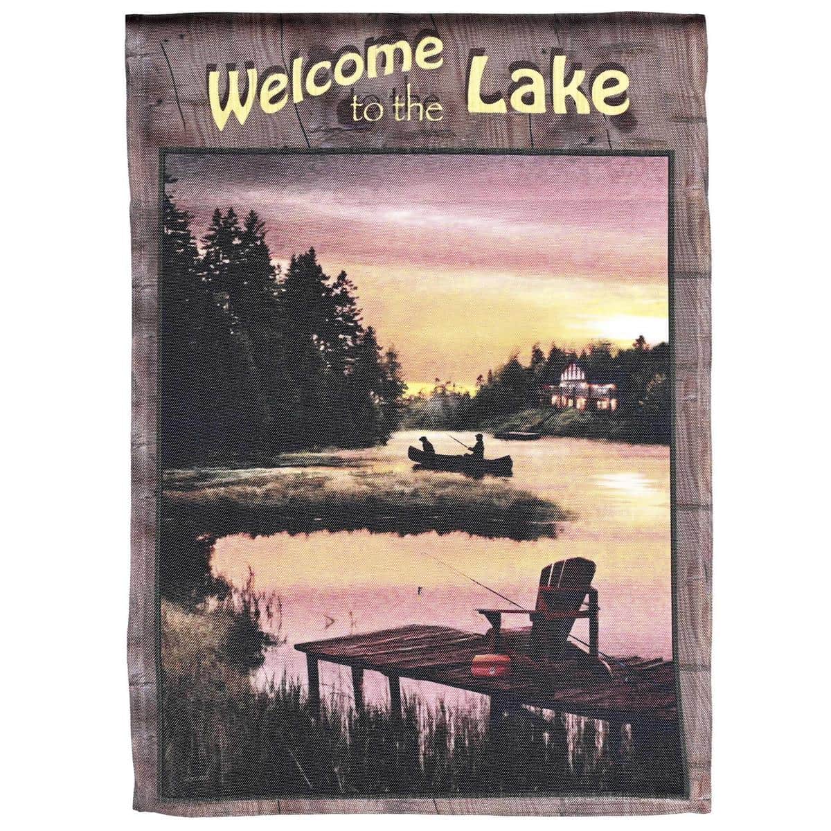 13x18 Welcome To The Lake garden flag with lake scene and Welcome message, printed on durable polyester with top sleeve for a standard garden flag stand.