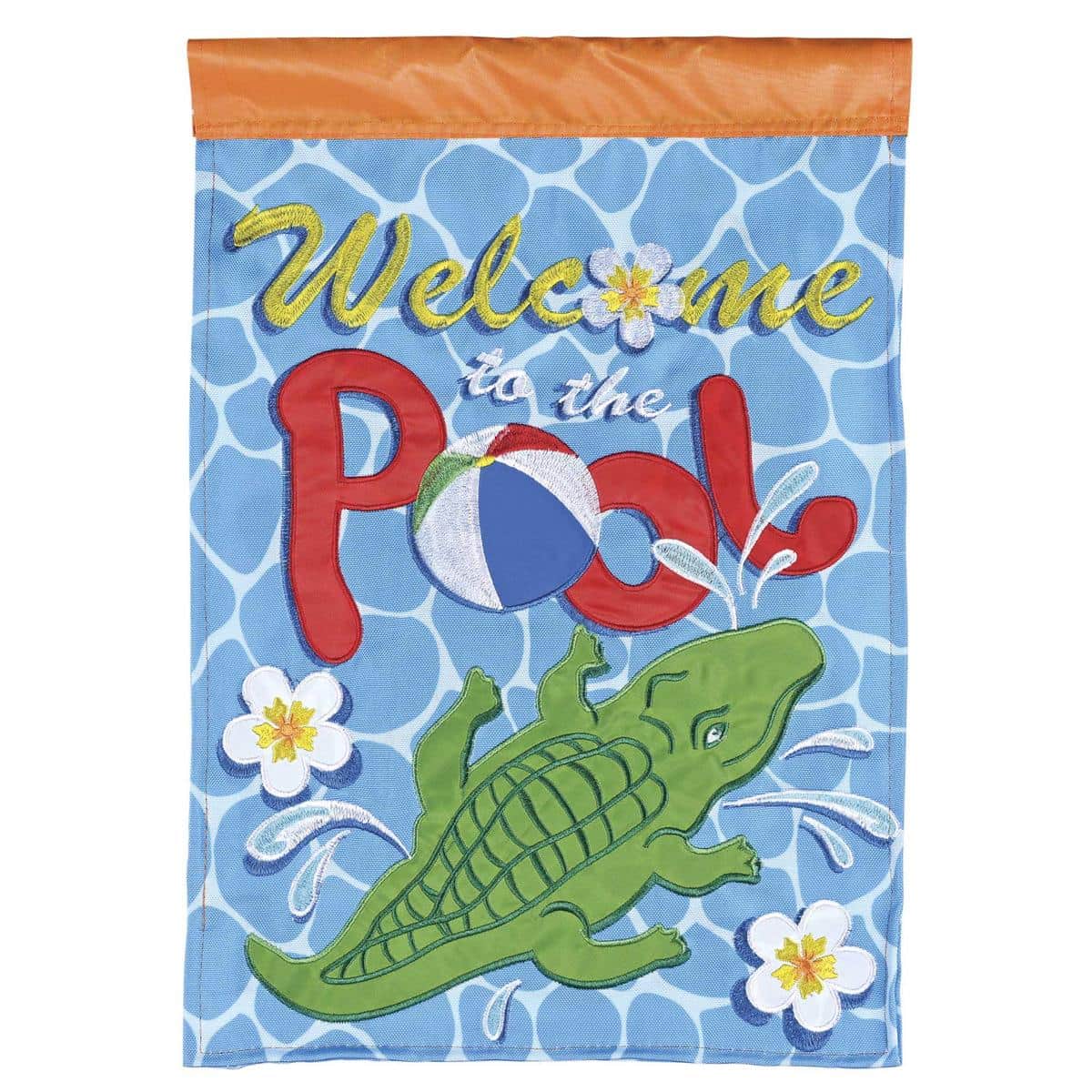 13x18 Welcome To The Pool double applique garden flag in coastal blues with two sided text, weather resistant polyester, and a top sleeve for standard stands.