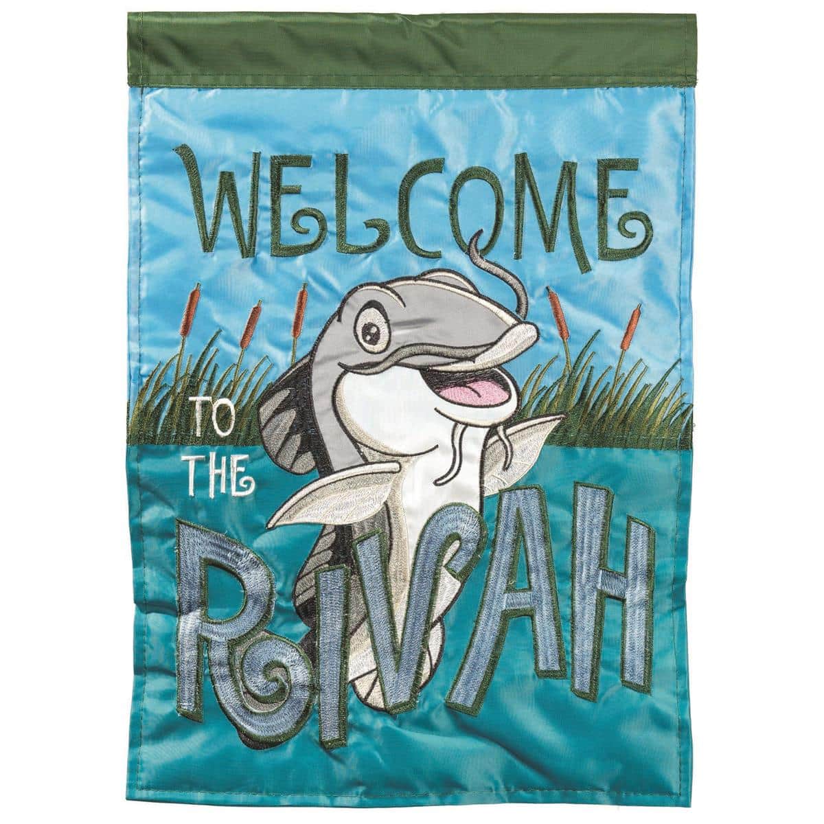29x42 Welcome To The Rivah Fish banner flag showing layered double applique fish and river design with bold 'Welcome To The Rivah' lettering, reinforced sleeve, and weather-ready stitching for porch or dock display.