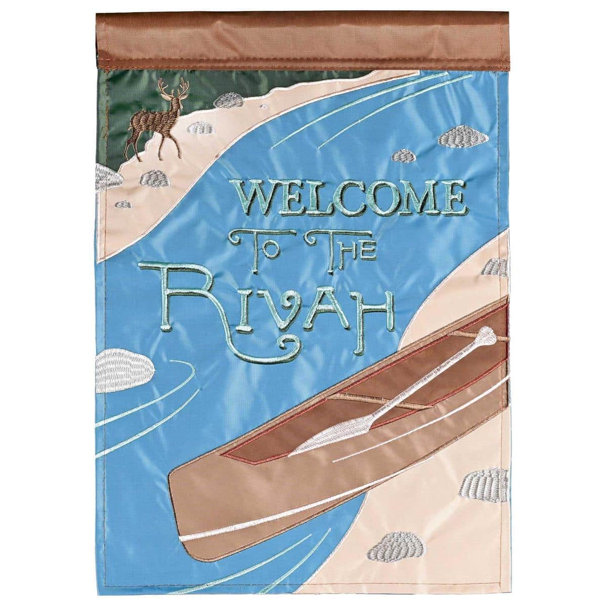 Alt text: 13x18 Welcome To The Rivah garden flag with layered double applique showing a river-inspired scene and 'Welcome' script in blue and tan tones, stitched edges and sleeve for garden pole.