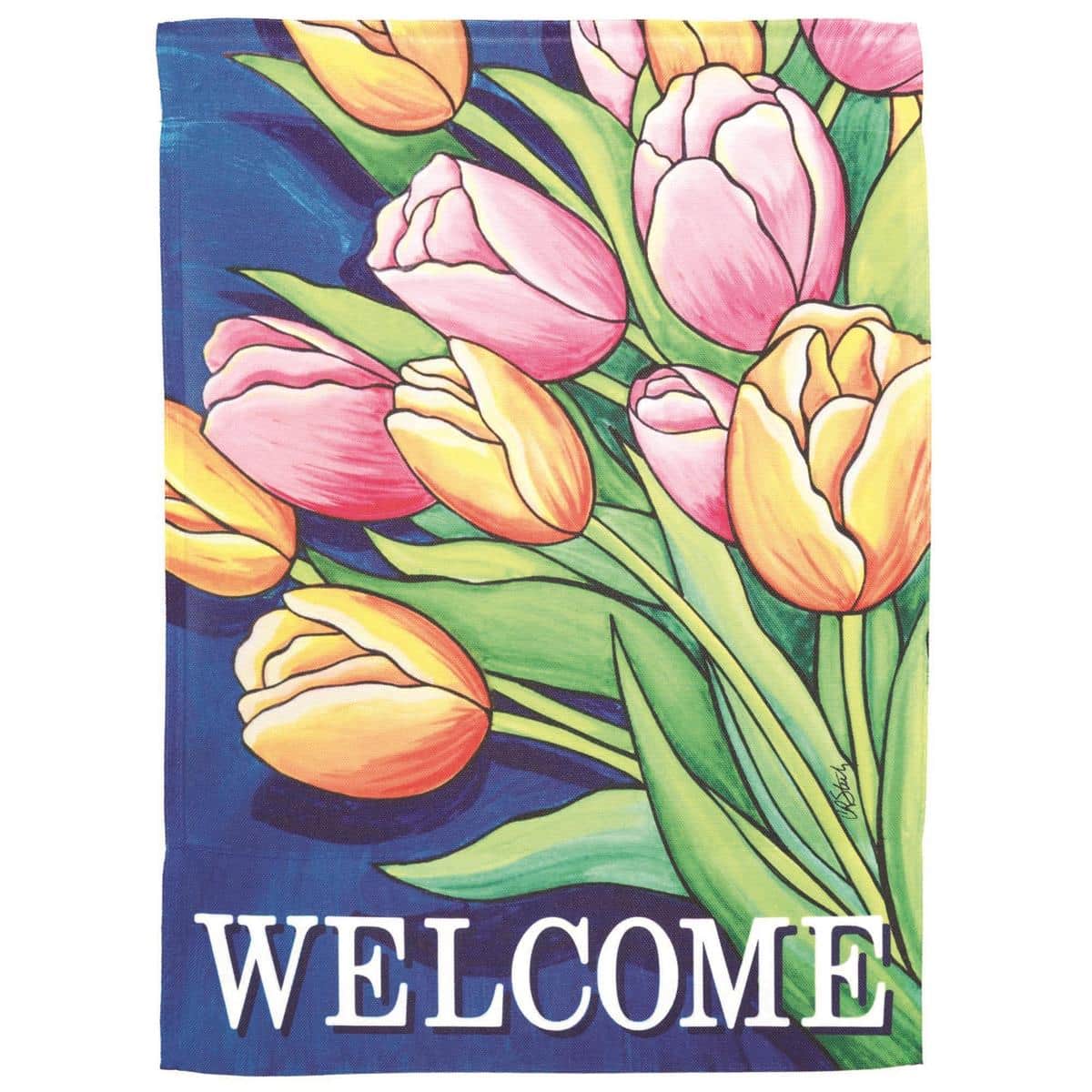 13x18 Welcome Tulips printed garden flag showing a bright tulip bouquet and a friendly "Welcome" message on a compact garden flag sized for porch or yard display.