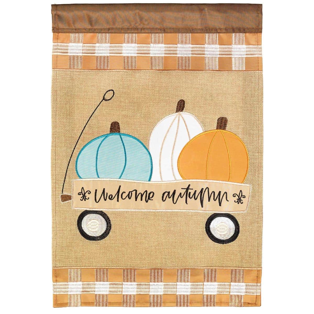 13x18 Welcome Wagon Fleur-De-Lis garden flag in LA-Fall double applique design with warm fall tones, reinforced hems, and bold fleur-de-lis motif for porch display.