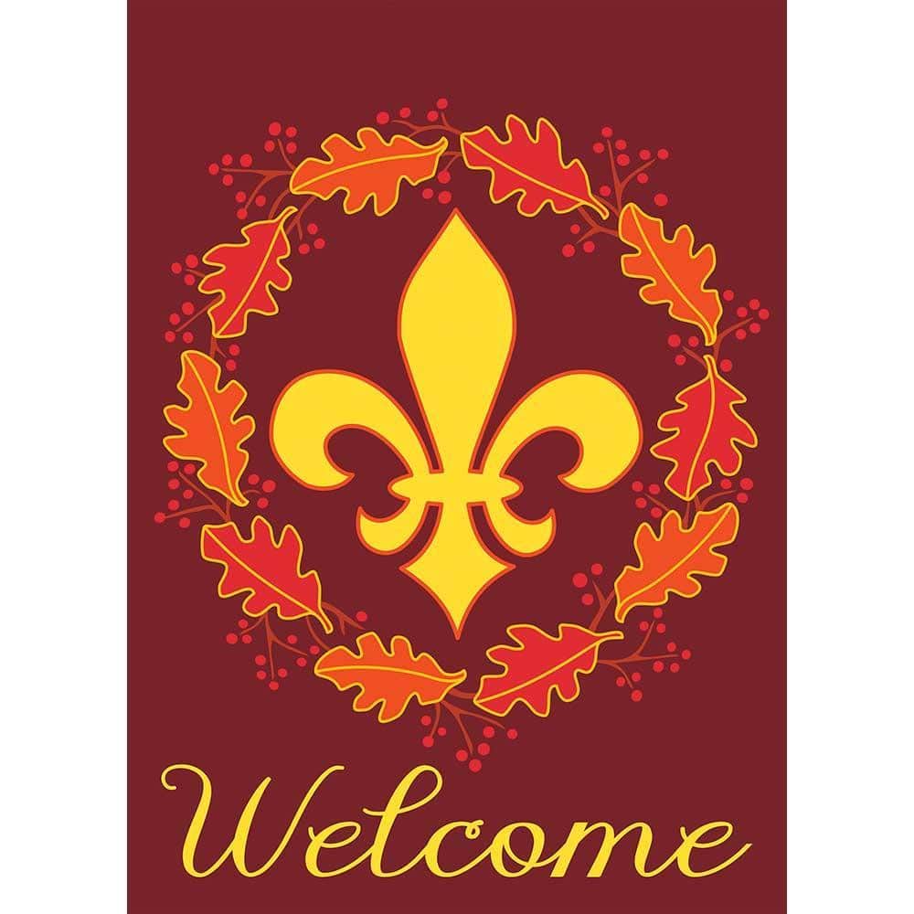 13x18 Welcome Wreath Fleur-De-Lis double applique garden flag with winter palette, textured applique wreath and fleur-de-lis on a reinforced pole sleeve for garden display.