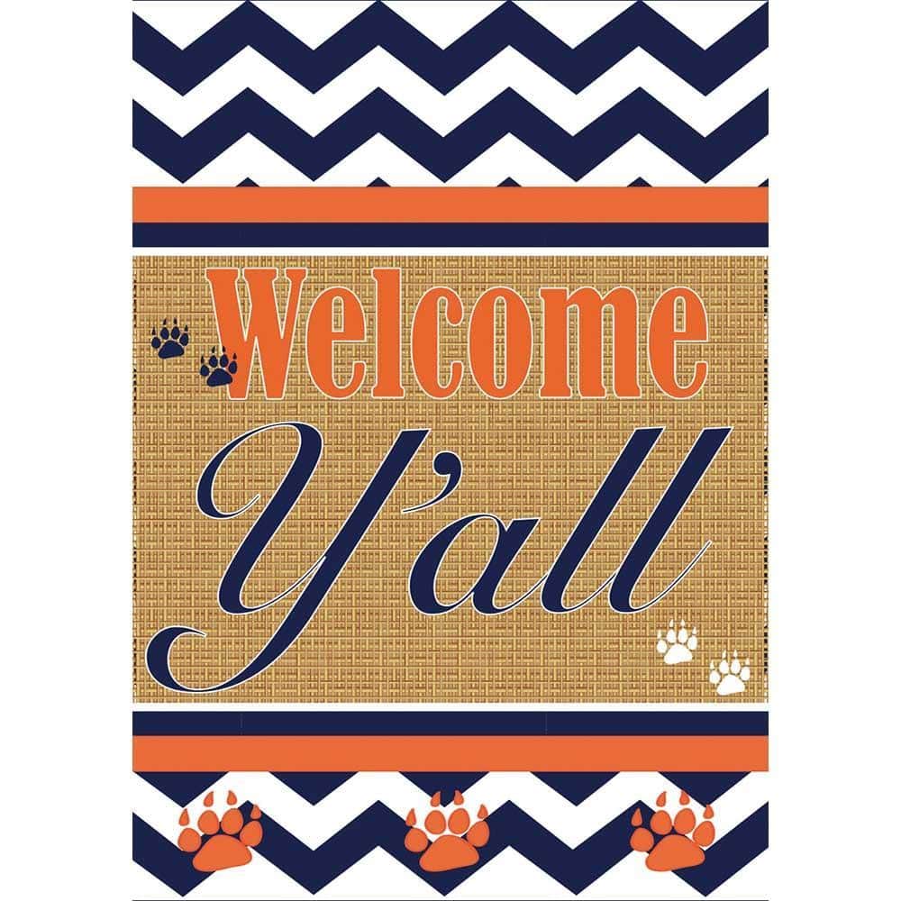 Front view of Welcome Yall 29x42 double applique banner flag in Game Day style showing bold "Welcome Yall" lettering with decorative accents hung on a porch railing for outdoor display.