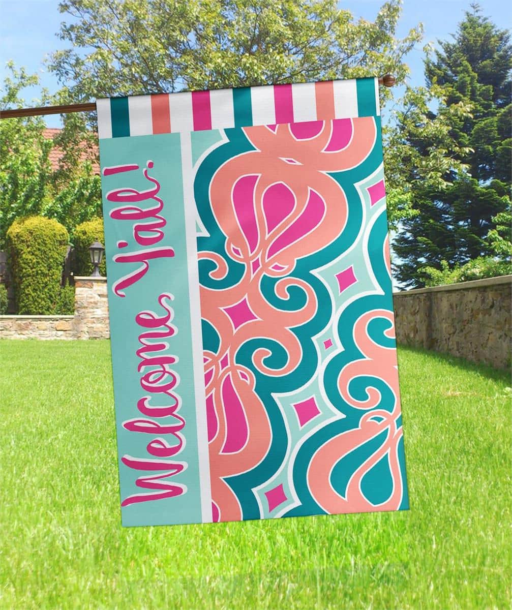 29x42 Welcome Yall double applique banner flag with stitched Southern greeting on textured fabrics, designed for porch, garden, and front entry display.