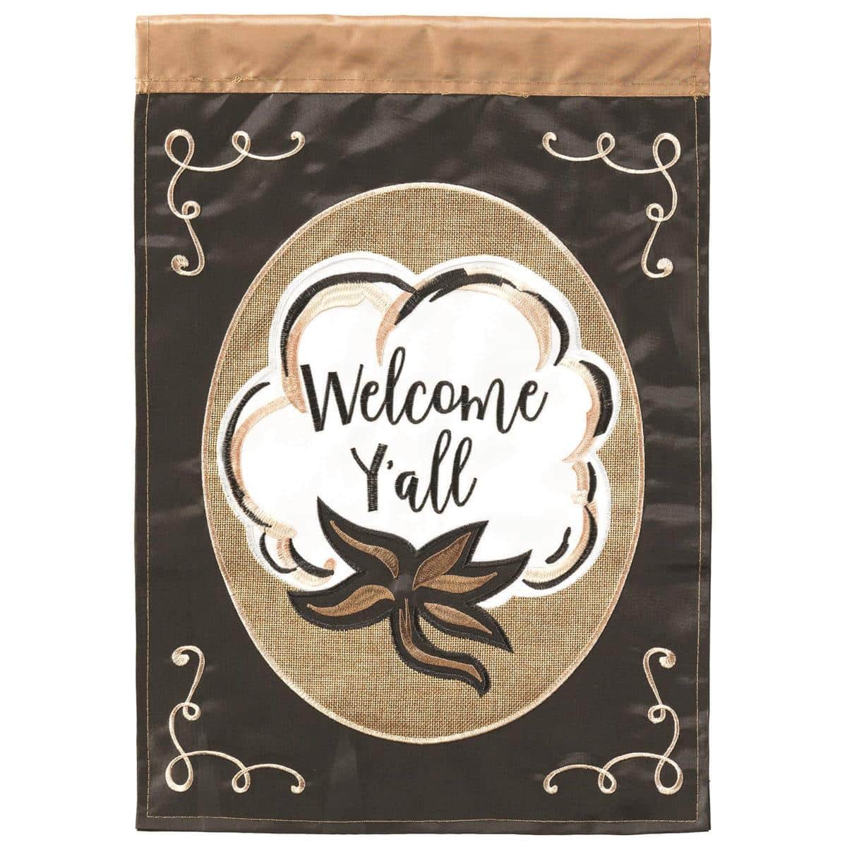 13x18 Welcome Yall garden flag with double applique cotton burlap, Southern floral motif in warm tones, reinforced sleeve for garden pole display and front porch accent.