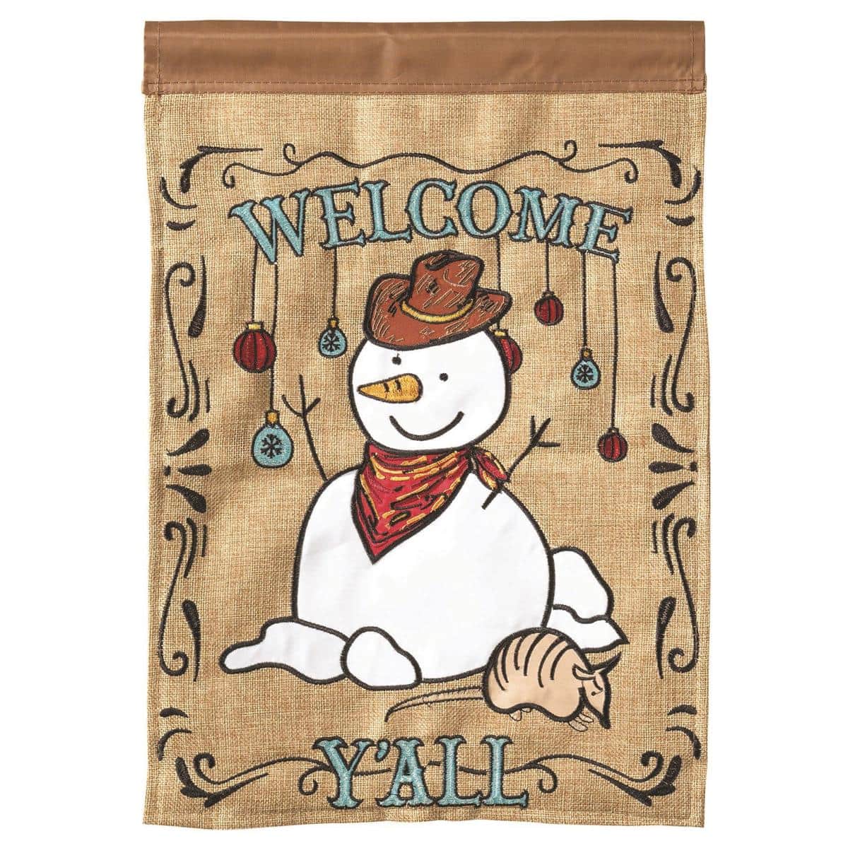 13x18 Welcome Yall Snowman burlap garden flag with double applique, cheerful snowman wearing a red scarf, rustic burlap texture and "Welcome Yall" lettering displayed on a porch flag pole.