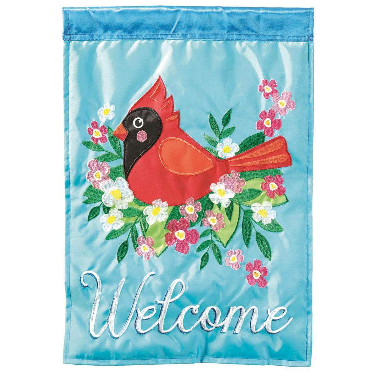 Welcome Cardinal flag with vibrant design, intricate embroidery, and durable construction for nature-inspired outdoor decor.