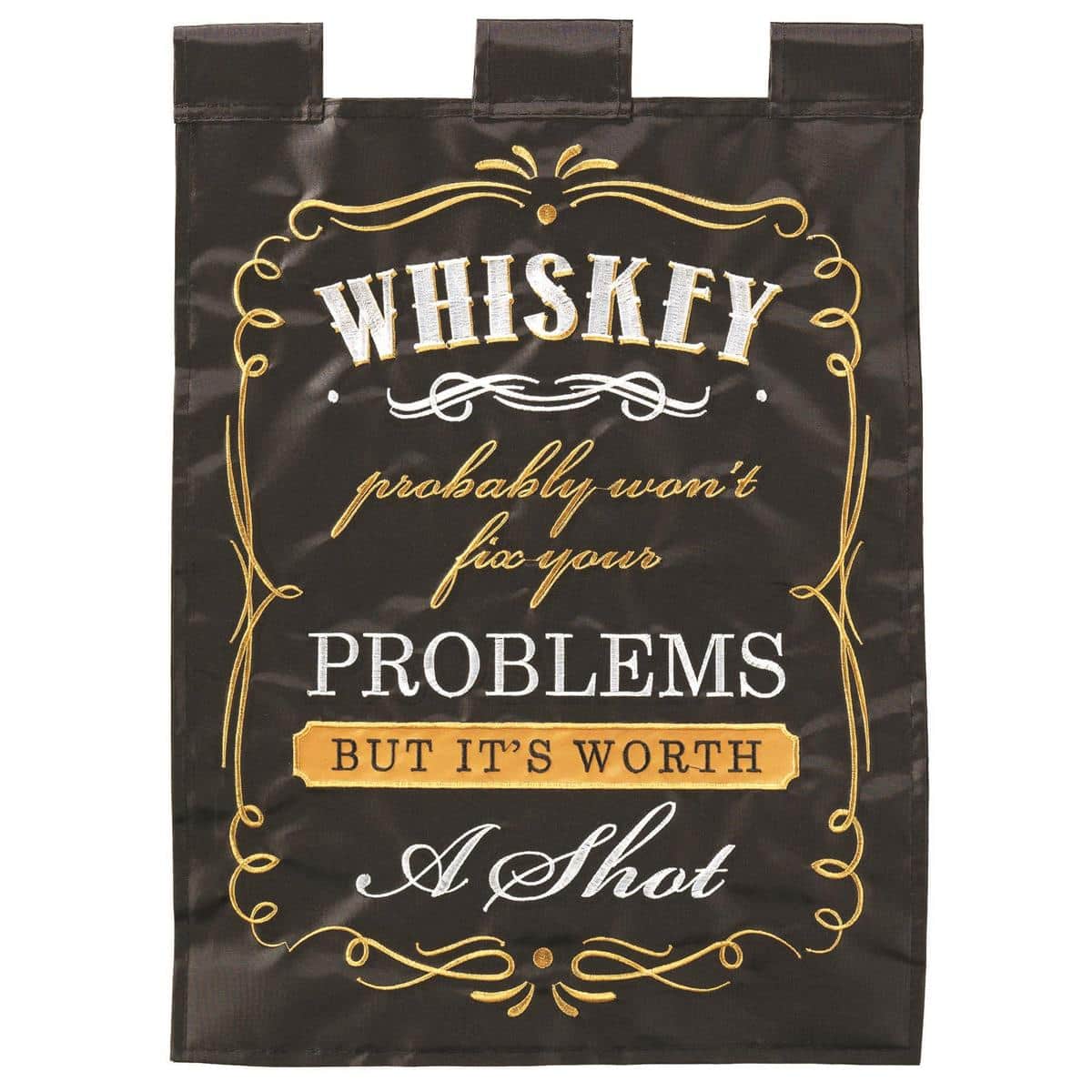 Whiskey Wont Fix 13x18 double-applique garden flag with bold two-sided lettering, whiskey-themed design, and durable outdoor fabric displayed on a standard metal stand.
