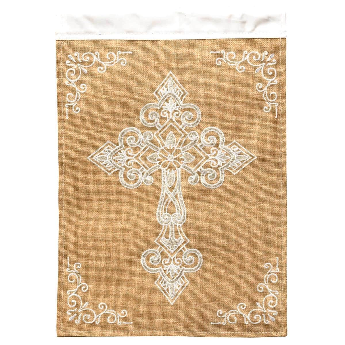 White Cross Burlap Banner Flag 29x42 hanging on a porch pole showing a raised white cross double applique on rustic burlap fabric with visible stitching and reinforced hem.