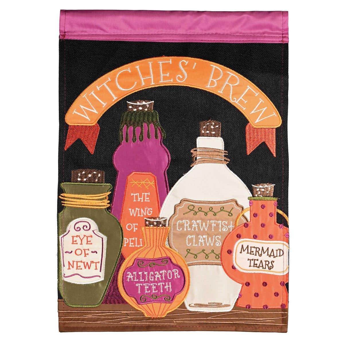 Witches Brew garden flag 13x18 with bubbling cauldron, witch hat, bats and moon in layered double applique Halloween design for porch or garden display.