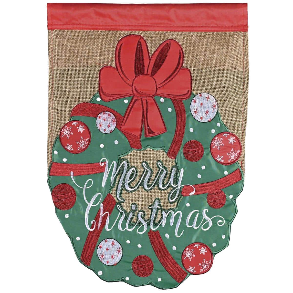 13x18 garden flag with double applique wreath, red bow, berries and "Merry Christmas" script, shown mounted on a small yard pole for porch and garden holiday display.