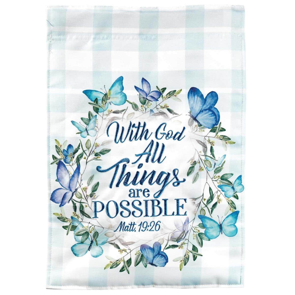 13x18 garden flag image showing a wreath of flowers and greenery with multiple butterflies and layered applique detail on a neutral background, designed for display on a standard garden flag pole.