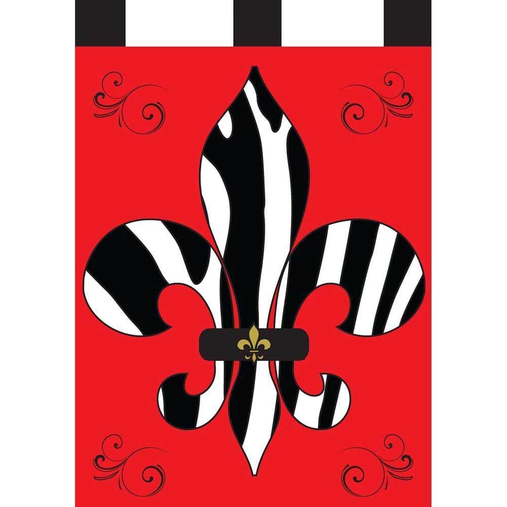 House-sized 29 x 42 zebra stripe fleur-de-lis double applique banner flag shown on a porch, two-sided and weather-ready with reinforced pole sleeve