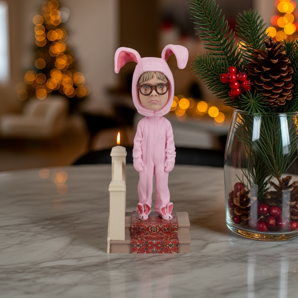 A Christmas Story Ralphie in Bunny Suit Bobblehead, a 7-inch collectible featuring Ralphie's pink bunny pajamas and memorable expression.