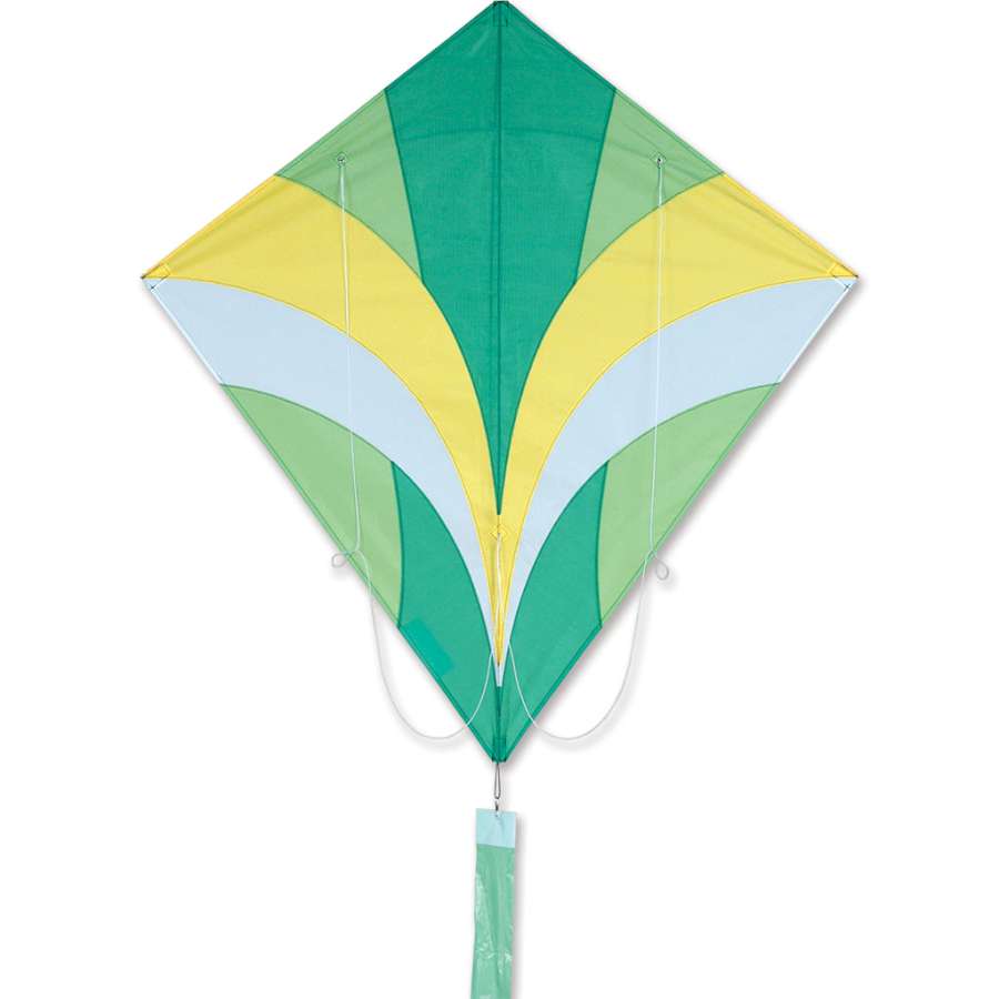Green Ace Sport Kite flying in the sky, showcasing loops and stunts with a long tail, perfect for outdoor enthusiasts.