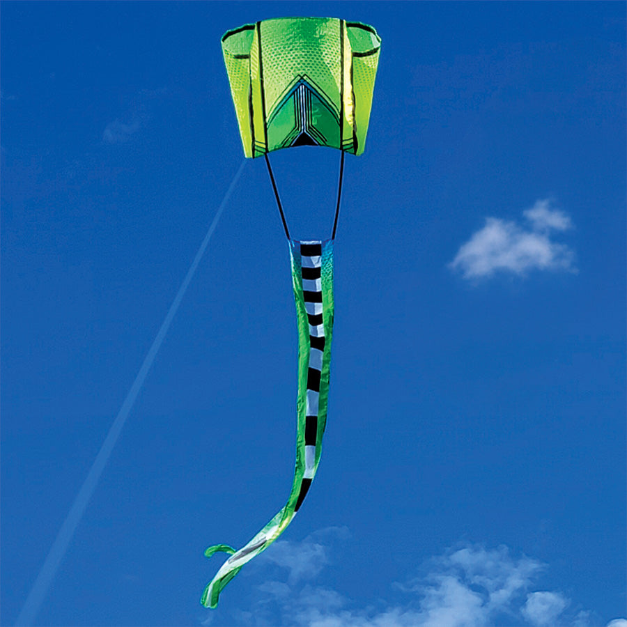 Aero Tech Power Sled 10 Kite in Kool Lime color measuring 45 x 15.5 ft soaring into a bright blue sky, showcasing its large banner tail.