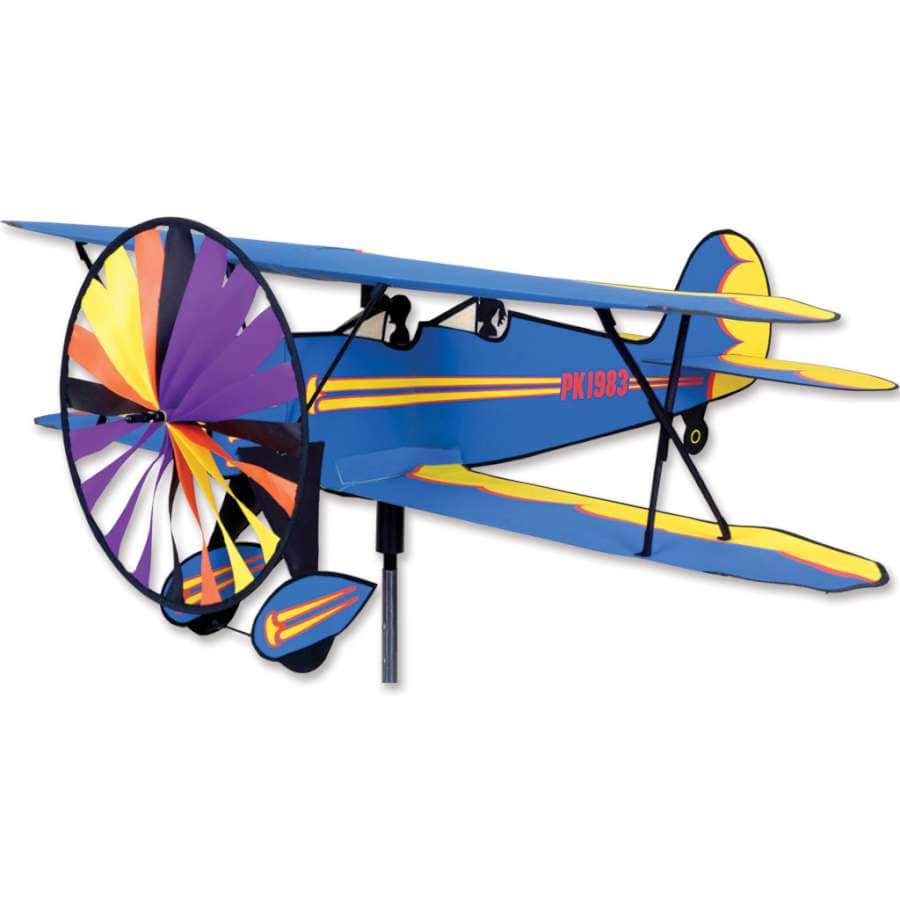 Biplane spinner with dual wings, 11.5 in. propeller, 36.5 in. wingspan, yellow-blue color scheme, ripstop polyester build, and fiberglass frame with stake.