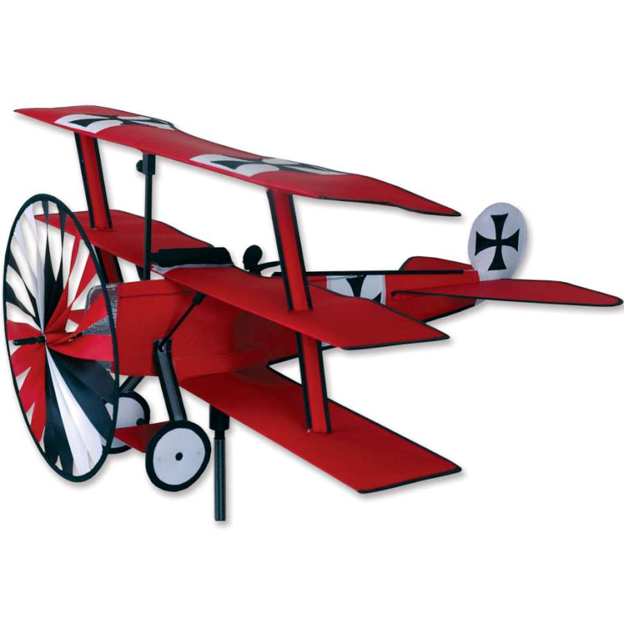 Airplane Spinner - Fokker Tri-Plane lawn ornament in vibrant colors gently rotating in a garden setting, celebrating early aviation history.